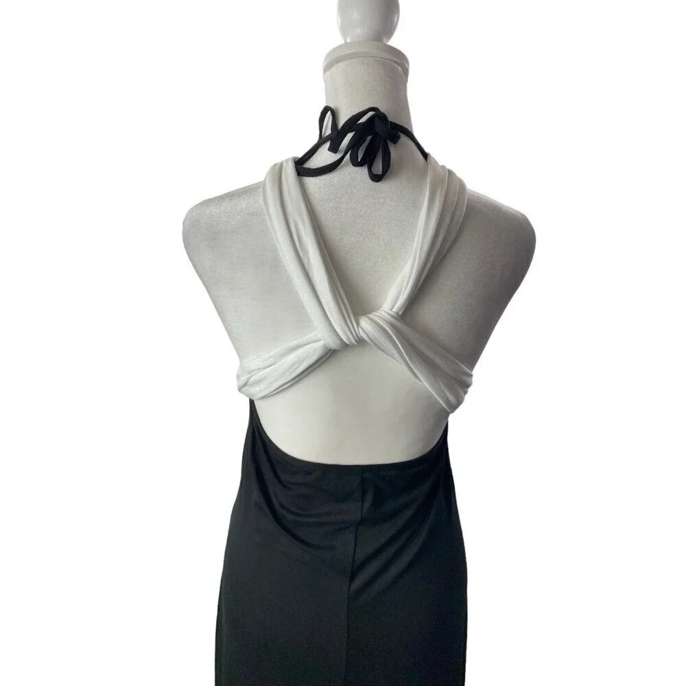 VENUS Women Maxi Dress Size L Black‎ White Halter Wrap Detail Unique 4-8